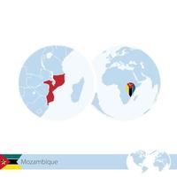 mozambique en globo terráqueo con bandera y mapa regional de mozambique. vector
