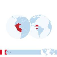 perú en globo terráqueo con bandera y mapa regional de perú. vector