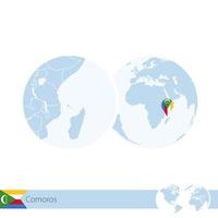 comoras en globo terráqueo con bandera y mapa regional de comoras. vector