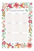 Weekly planner with hummingbirds and flowers. Vector graphics.