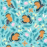 Seamless pattern with hoopoe birds and flowers. Vector graphics