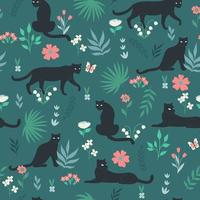 Seamless pattern with panthers and tropical plants. Vector graphics.