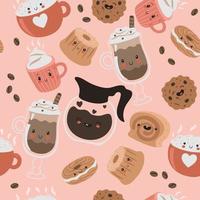Seamless pattern with kawaii coffee and sweets. Vector graphics.