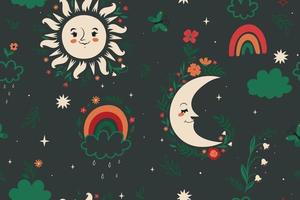 Seamless pattern with sun, moon, stars, rainbows and flowers. Vector graphics.