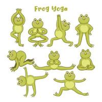 Set of cute frogs in yoga pose isolated on white background. Vector graphics.