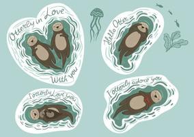 Set of stickers with sea otters and inscriptions. Vector graphics.