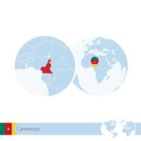 Cameroon on world globe with flag and regional map of Cameroon. vector