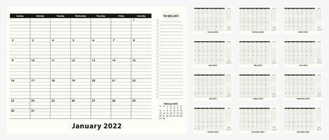 calendario mensual de escritorio de negocios para el año 2022, 12 meses. vector