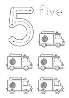 Flashcard number 5. Preschool worksheet. Black and white transport. vector