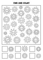 Counting game with cute suns. Black and white worksheet. vector