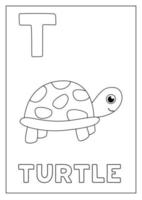 Learning English alphabet for kids. Letter T. Cute turtle. vector