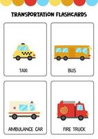 Cute cartoon transportation means with names. Flashcards for children. vector