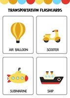 Cute cartoon transportation means with names. Flashcards for children. vector