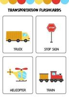 Cute cartoon transportation means with names. Flashcards for children. vector