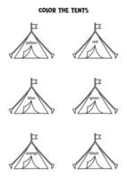 Read names of colors and color camping tents. Educational worksheet. vector