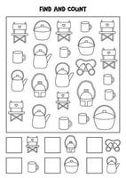 Counting game with cute camping pictures. Black and white worksheet. vector