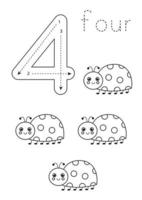 Flashcard number 4. Preschool worksheet. Black and white ladybugs. vector