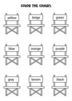 Read names of colors and color camping chairs. Educational worksheet. vector
