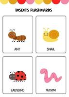 Cute cartoon insects with names. Flashcards for children. vector