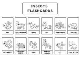 Black and white insect flashcards for kids. vector