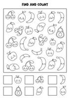 Counting game with cute fruits. Black and white worksheet. vector