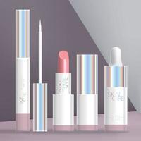 Vector Holographic Beauty or Cosmetics Packaging Set with White Eyeliner, Lipstick and Dropper Bottle