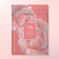 Vector Facial Sheet Mask or Clay Mask Foul Bag or Sachet Bag Packaging. Rose Pattern Printed on Coral Background.