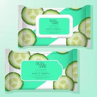 Vector Antibacterial Alcohol Wet Tissue or Beauty Make up Removal Wipe Resealable Label or Plastic Lid Packaging. Cucumber Pattern Printed.