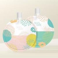Vector Round Packet with White Screw Cap, Pastel Abstract Pattern Printed. Packaging Mockup for Face Mask, Body Lotion, Body Wash, Seasoning and Sauce.