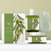 Vector Olive Oil Beauty Packaging Set with Face Mask Pouch, Packet or Sachet, Tinted Green Glass Serum Bottle and Jar, Soap on Rope. Olive illustration Printed.