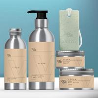 Vector Aluminum Beverage or Beauty Packaging Set with Screw Cap Pump Bottle, Jar and Soap on Rope.