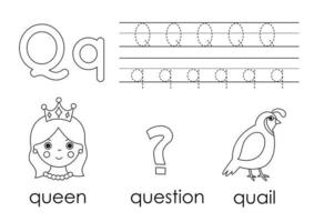 Learning English alphabet for kids. Letter Q. Coloring book. vector