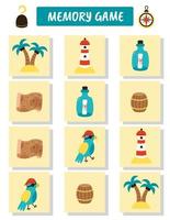 juego educativo de memoria para niños, tarjetas vectoriales con lindos elementos piratas. vector