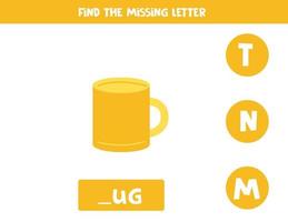 Find missing letter with hand drawn mug. Spelling worksheet. vector