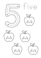 Flashcard number 5. Preschool worksheet. Black and white fruits. vector