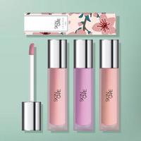 Vector Transparent Frosted Plastic Lip Gloss Packaging with Gloss Silver Plated Applicator Cap. Sakura Printed Carton Box.