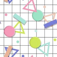 Vector 3D illustration Seamless Pastel Geometric Shapes Pattern on Checker Line Backgrounds with Colorful Triangular Shapes and Dots.