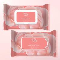 Vector Alcohol Cleansing Wipe or Make Up Removal Wipe Packet Packaging, Resealable Label or Plastic Lid Format. Rose Pattern Printed.