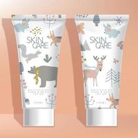 Vector Baby Cream, Wash, Shampoo or Lotion Tube Packaging with Winter Animals in the Forrest Theme Printed