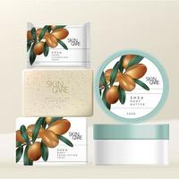 Vector Shea Butter Body Scrub and Hand or Facial Cleansing Soap and Body Butter Jar Packaging with Minimal Shea Butter Nuts Illustration Print.