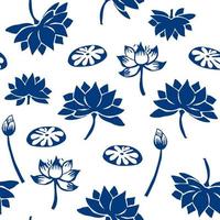 Vector Chinese Classic Blue Traditional Paper Cutting or Porcelain Seamless Pattern. Lotus in Pond.