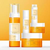 Vector Calendula Theme Skin Care, Beauty or Toiletries Packaging with Lip Balm Tube, Transparent Tinted Orange Foaming Bottle and Jar.