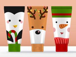regalo de saludo de temporada vectorial, personajes navideños envases de tubos de crema de manos con mascotas de pingüinos, renos y muñecos de nieve. vector