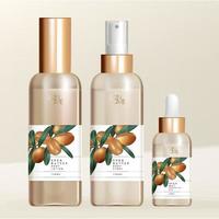 Vector Shea Butter Body Lotion, Spray and Essential Oil with Screw Cap, Spray and Pipette Bottle Packaging. Minimal Shea Butter Nuts Illustration Print.