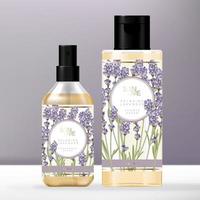 Vector Vintage Violet Lavender Toiletries Set with Clear Alcohol or Fragrance Spray Bottle and Clear Shower Cream Flip Cap Bottle Packaging.