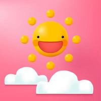 Ilustración 3d dibujos animados de sol sonriente con nubes en fondo rosa vector