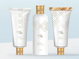 Vector Luxury Toiletries or Beauty Packaging, Bottle and Tube with Gold Aluminum Screw Cap and Metal Seal Off Clip. White and Gold Theme Color.