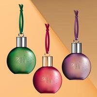 Vector Glass or Plastic Seasonal Transparent Bauble Bottle Body Wash, Shampoo or Conditioner Packaging. Purple, Green and Red.