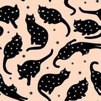 Vector Mysterious Black Cat Silhouette Seamless Pattern with Star Decor, Coral and Black.