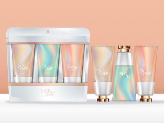 Vector Pastel Abstract Printed Hand Cream Trio Set in Clear and White Packet, Silver Liner.